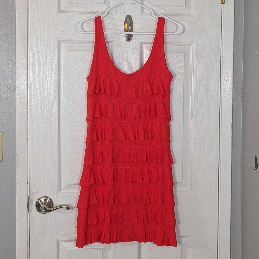 Isle by Melis Kozan Red Tiered Ruffle Mini Dress Sleeveless Scoop Neck Small